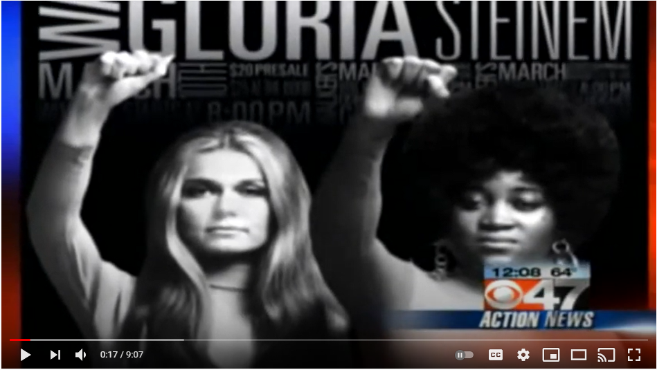 Action News photo clip Gloria Steinem and Dorothy Pitman Hugues, fists raised