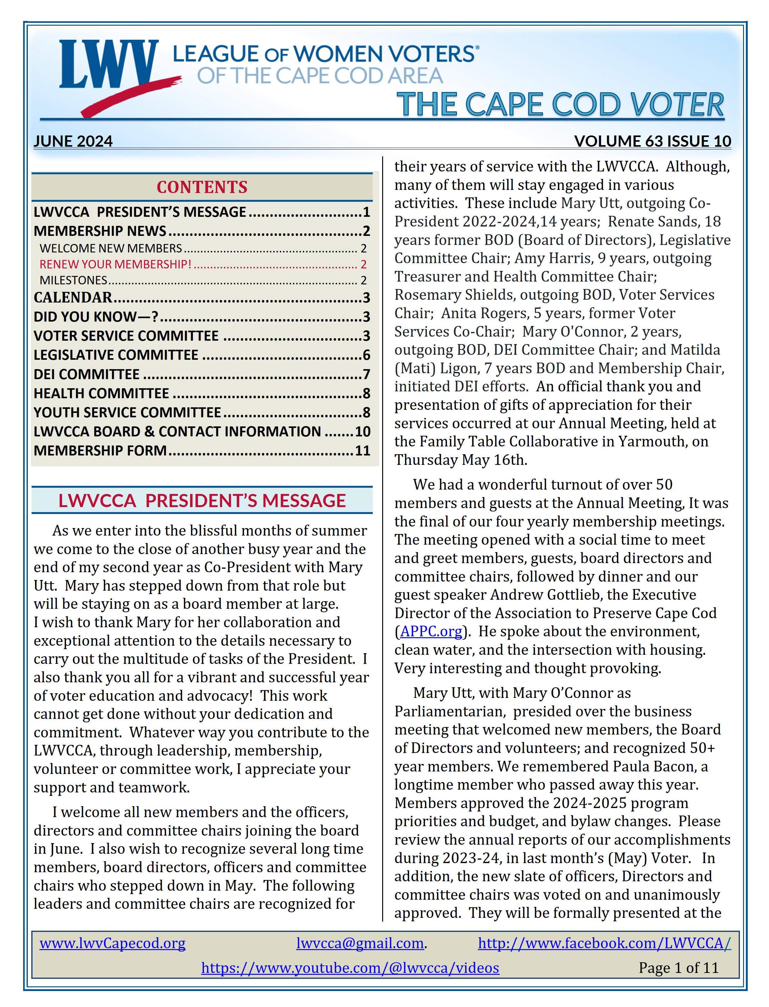 First page of Cape Cod VOTER Vol 63 Issue 10 June 2024