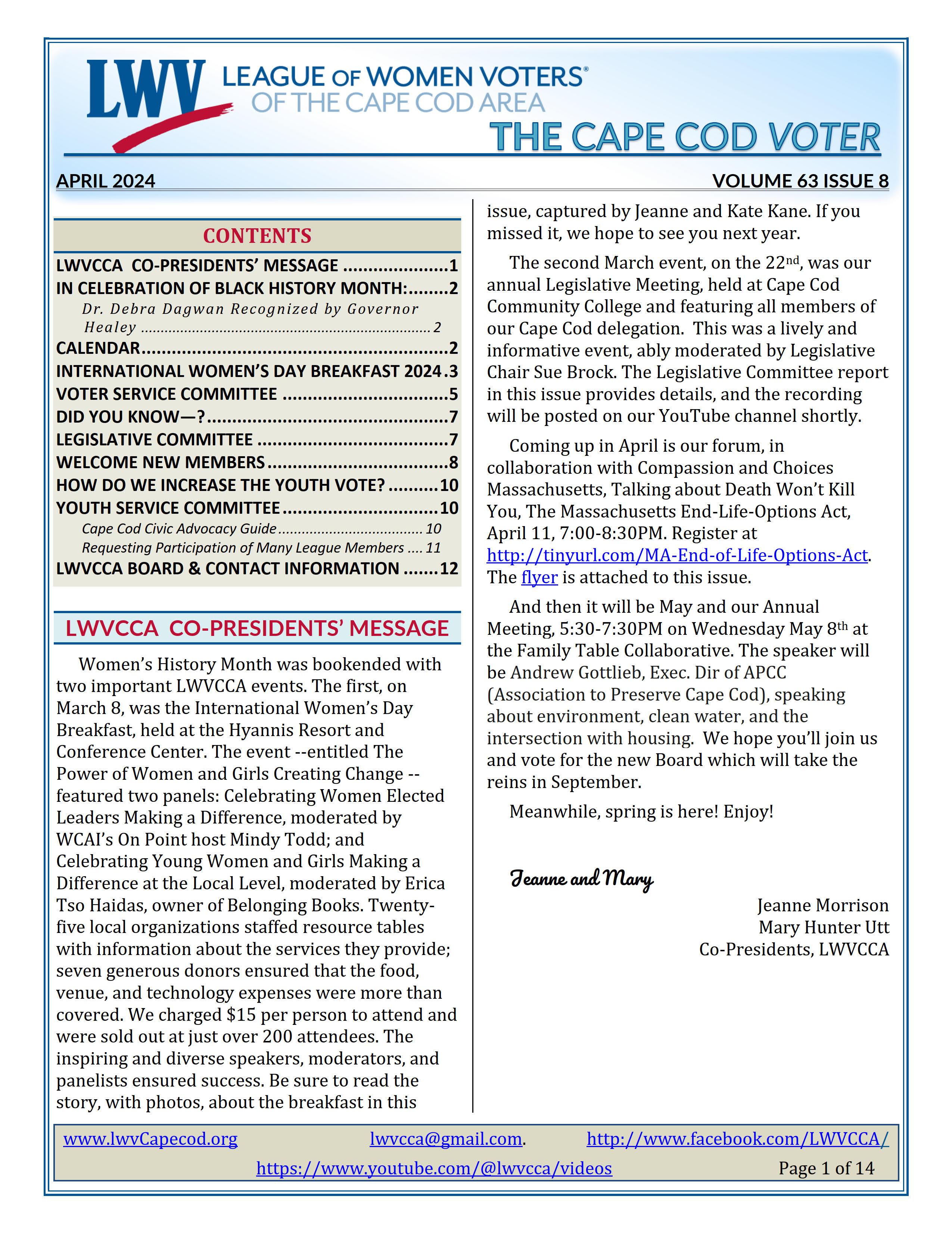 First page of Cape Cod VOTER Vol 63 Issue 8 April 2024