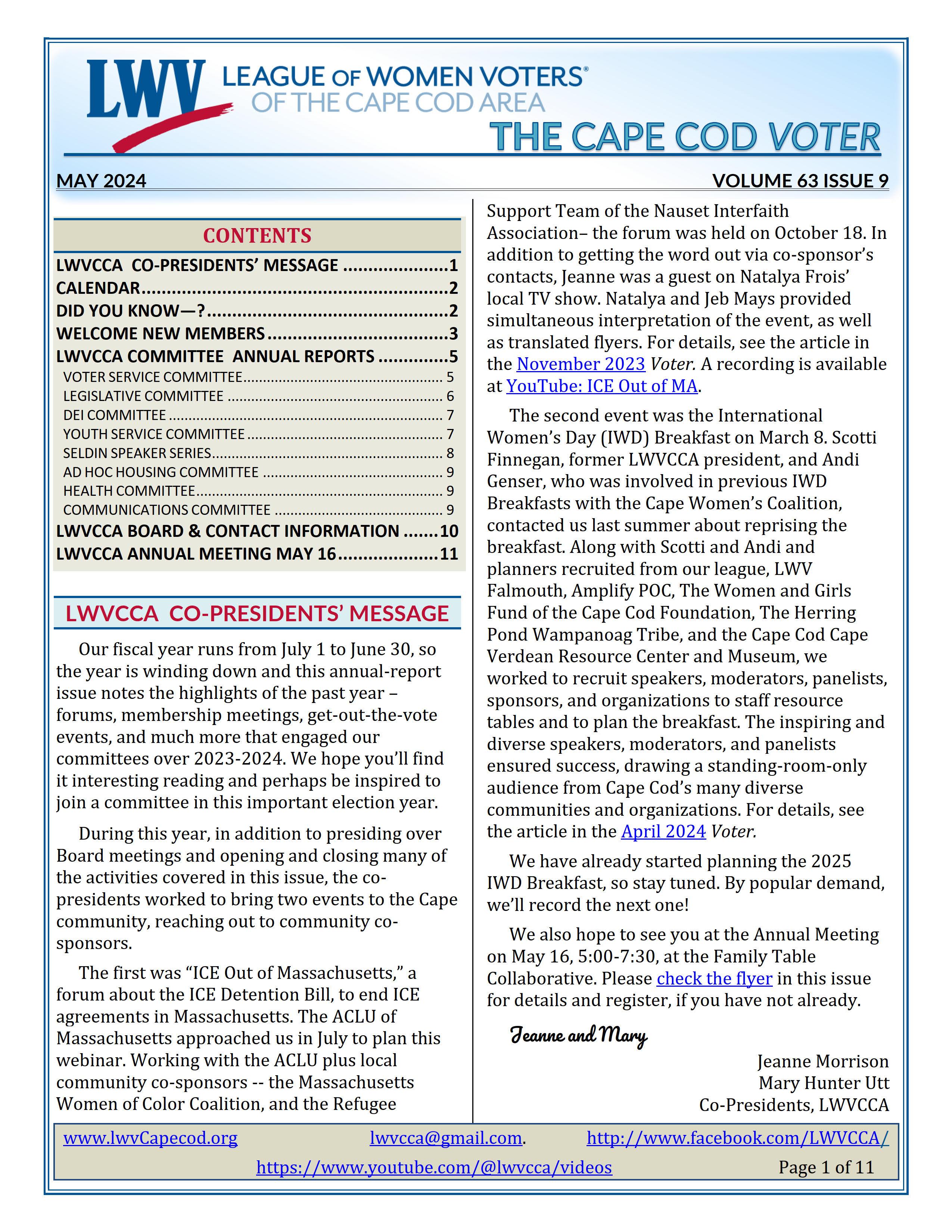 First page of Cape Cod VOTER Vol 63 Issue 9 May 2024