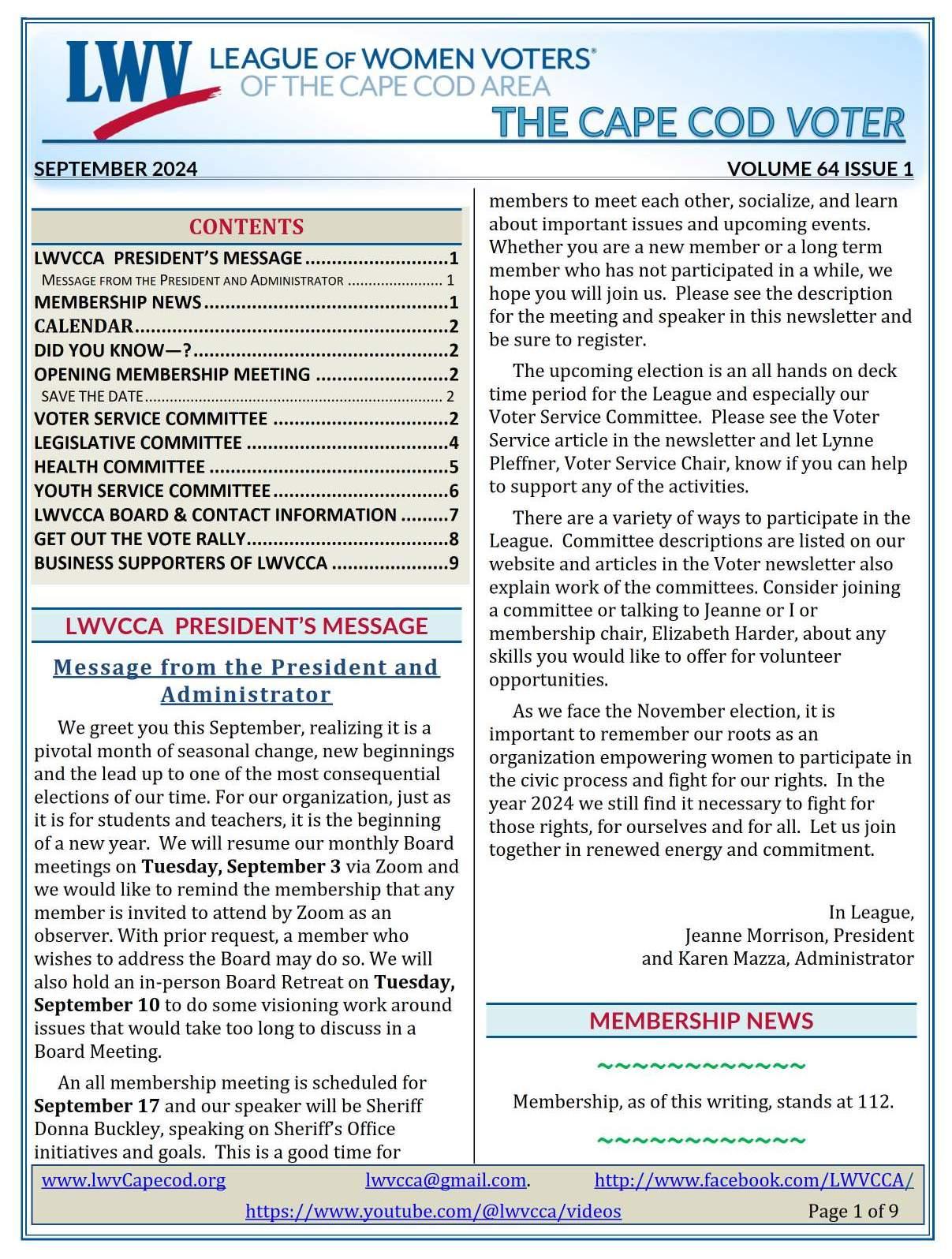 First Page of Cape Cod VOTER Vol 64 Issue 1 September 2024