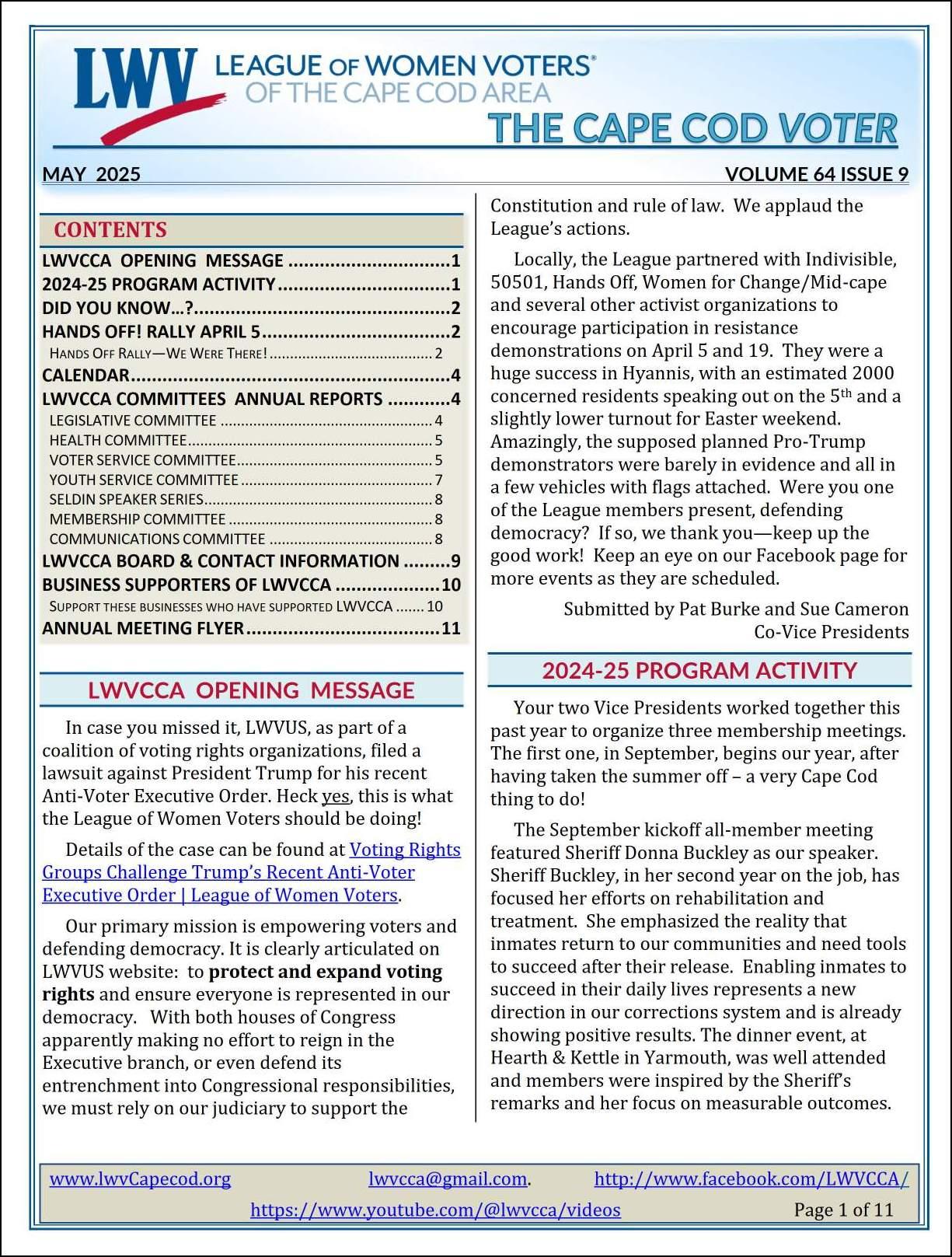 image of first page of the Cape Cod VOTER Vol 64 Issue 9 May 2025