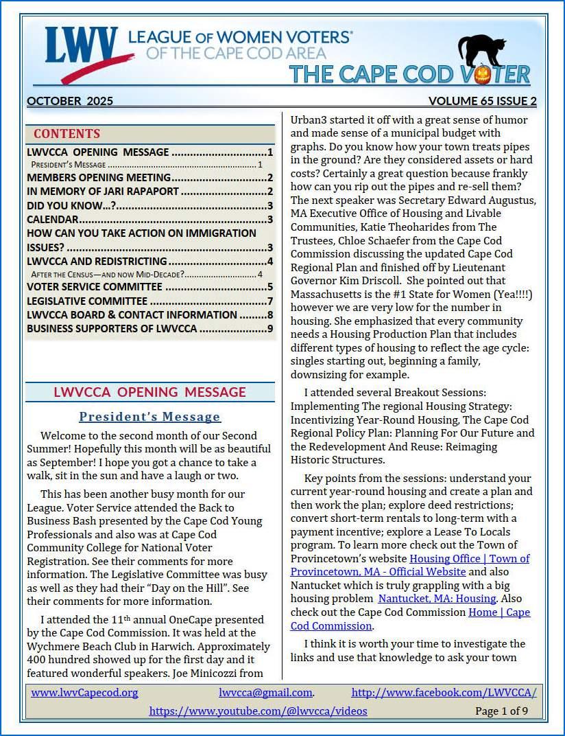 First Page of Cape Cod VOTER Vol 65 Issue 1 Sept 2025
