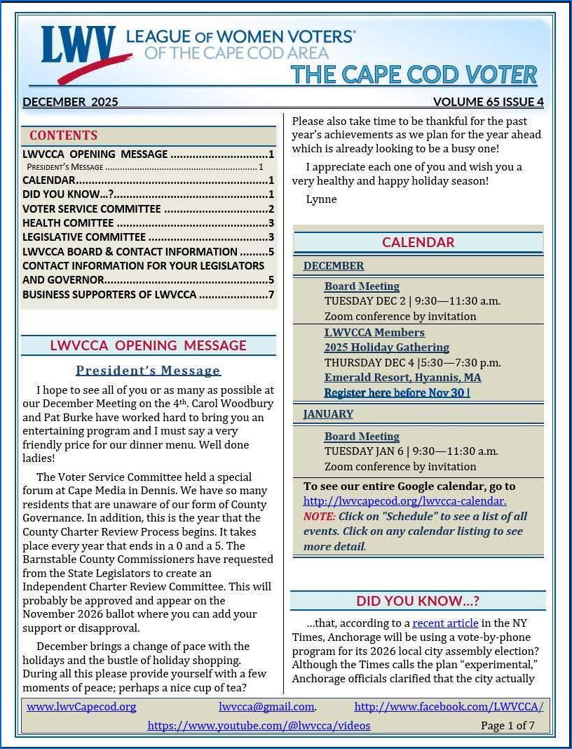First page of Cape Cod VOTER Vol 65 Issue 4 Dec 2025