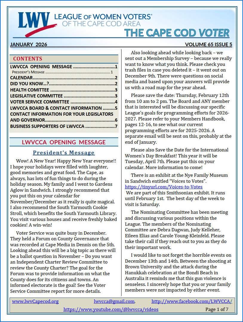 First page of Cape Cod VOTER Vol 65 Issue 5 Jan 2026