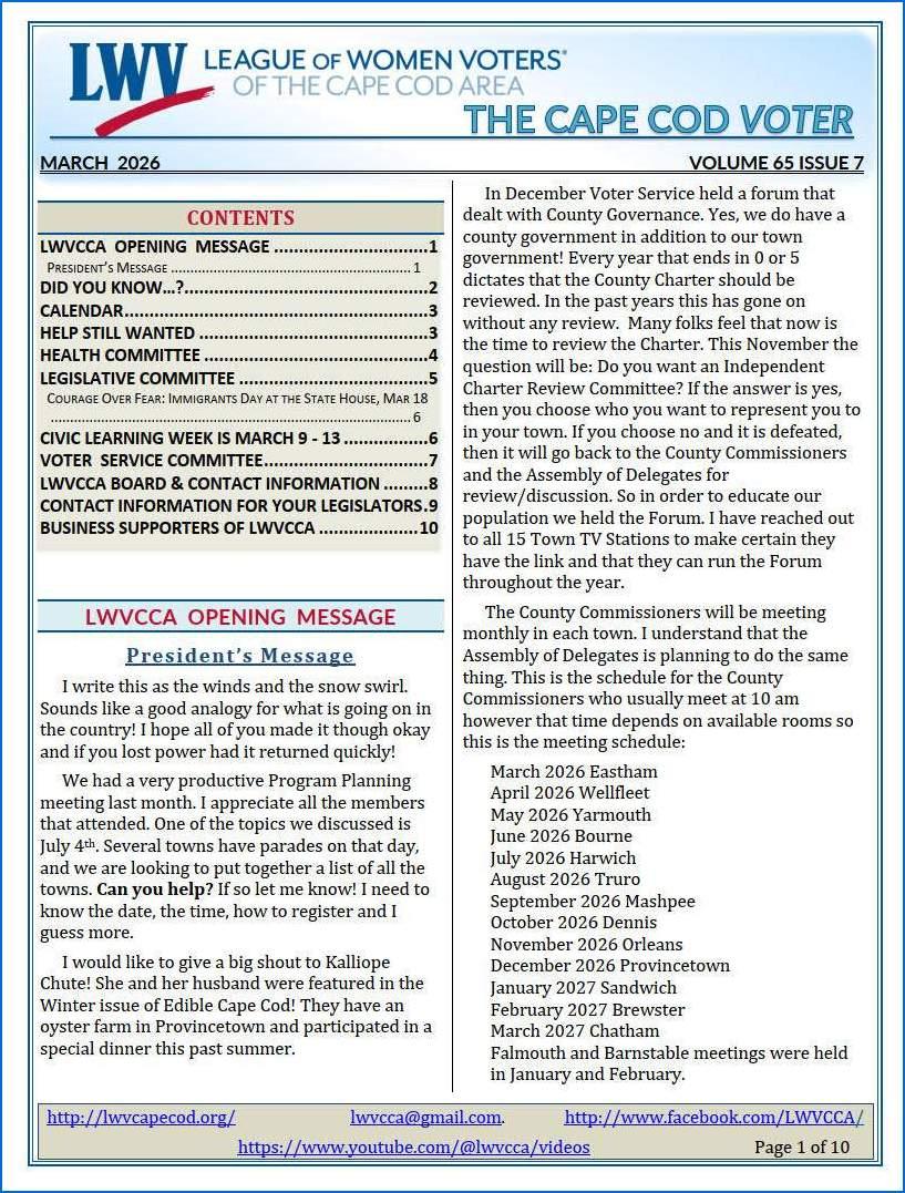 First Page of LWVCCA March 2026 Voter Newsletter
