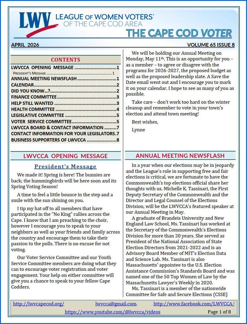 First Page of Cape Cod VOTER Vol 65 Issue 8 Apr 2026