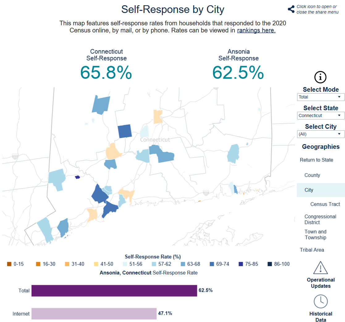 Image of Connecticut Census Self-Response Map for July 22 2020
