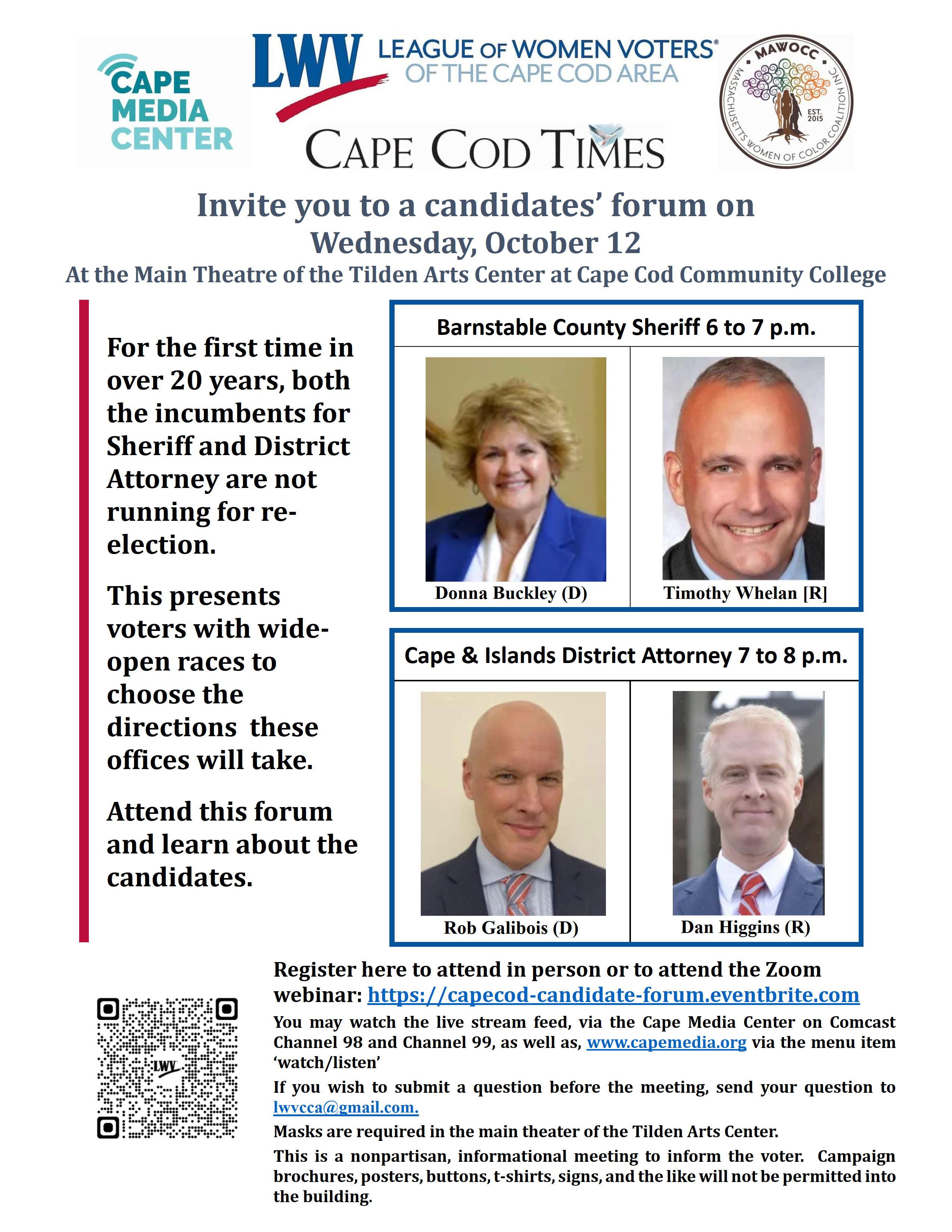 Flyer for the October 12 forum for candidates for Barnstable County Sheriff and Cape &amp;amp; Islands District Attorney 