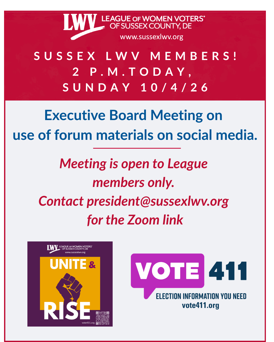 Today, 10/4/26, 2 pm: Executive Board Meeting