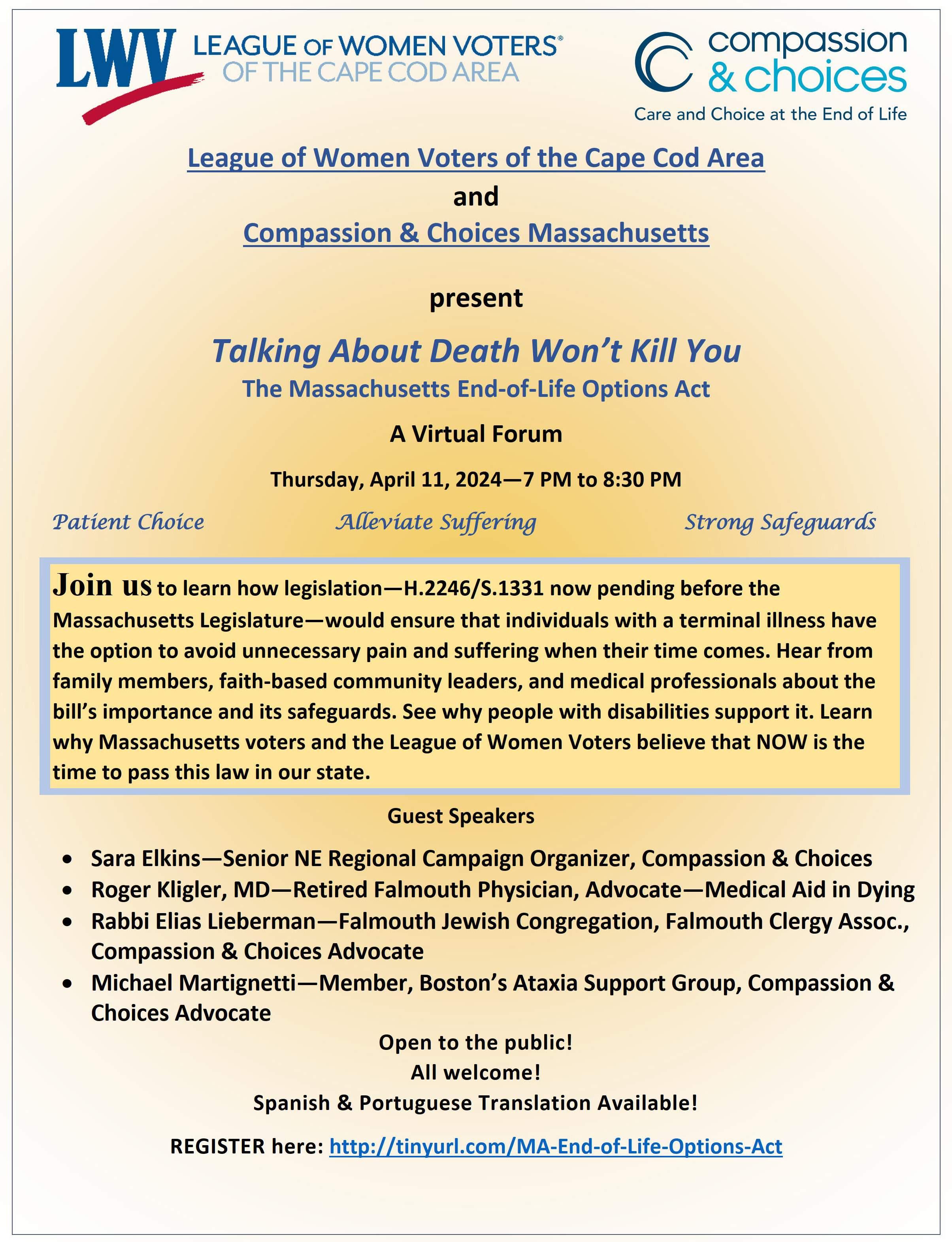 Flyer for April 11 "Talking About Death Won't Kill You" on-line event