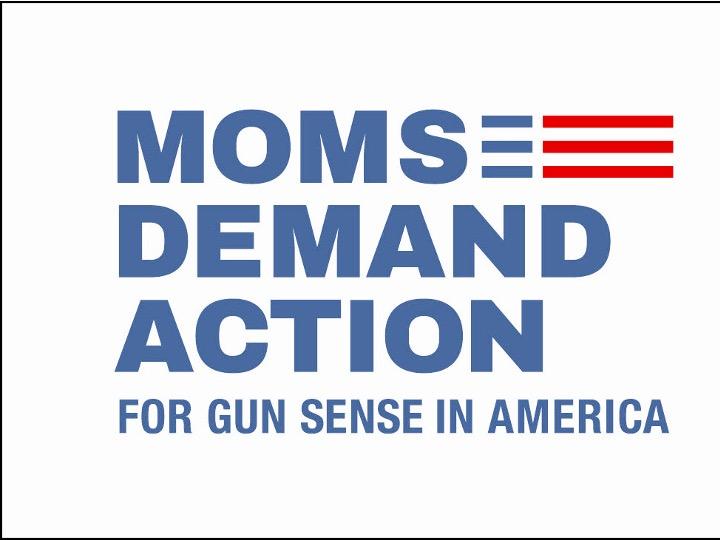 Moms Demand Action for Gun Sense in America in blue text with red and blue stripes