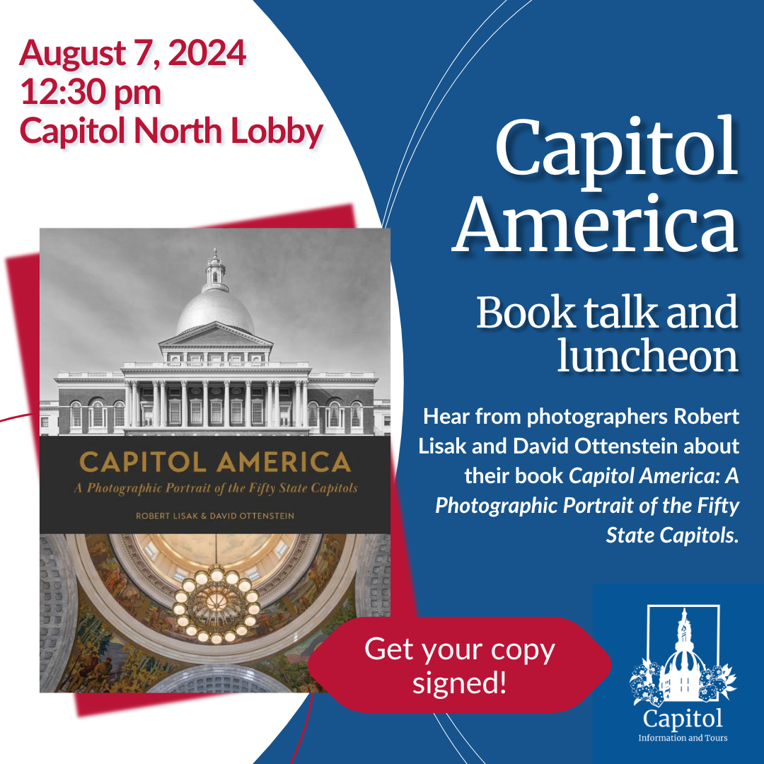 blue and red graphic with image of the Capitol America book cover and text giving details about the Capitol America book talk and luncheon