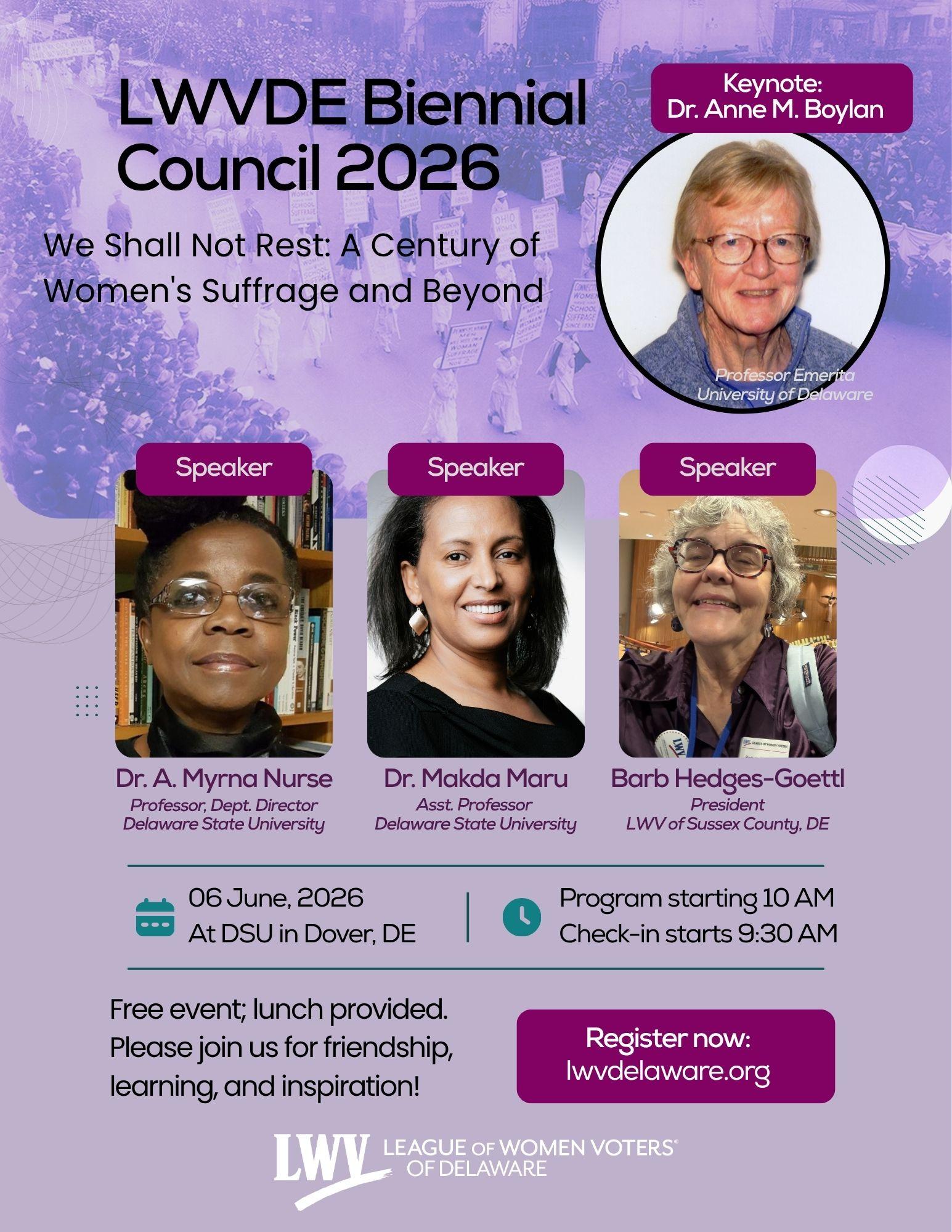 LWVDE Biennial Council June 6, 2026 full event flier is shown with speaker photos, etc.