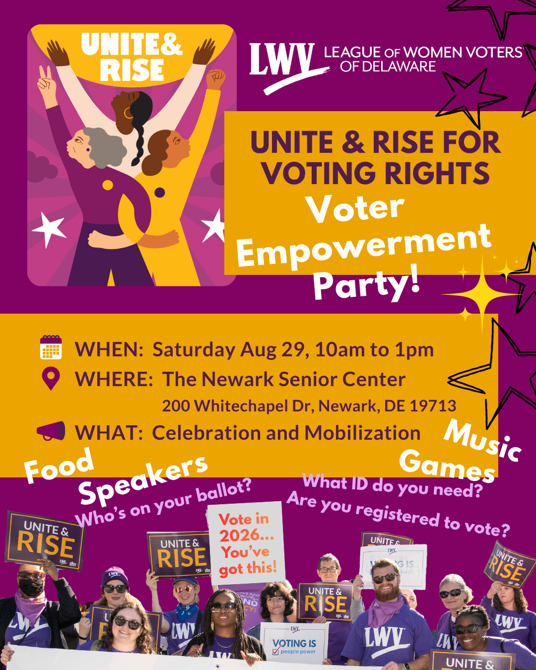 Unite & Rise for Voting Rights - Voter Empowerment Party. Food, Speakers, Music Games. Vote in 2026... You've got this!