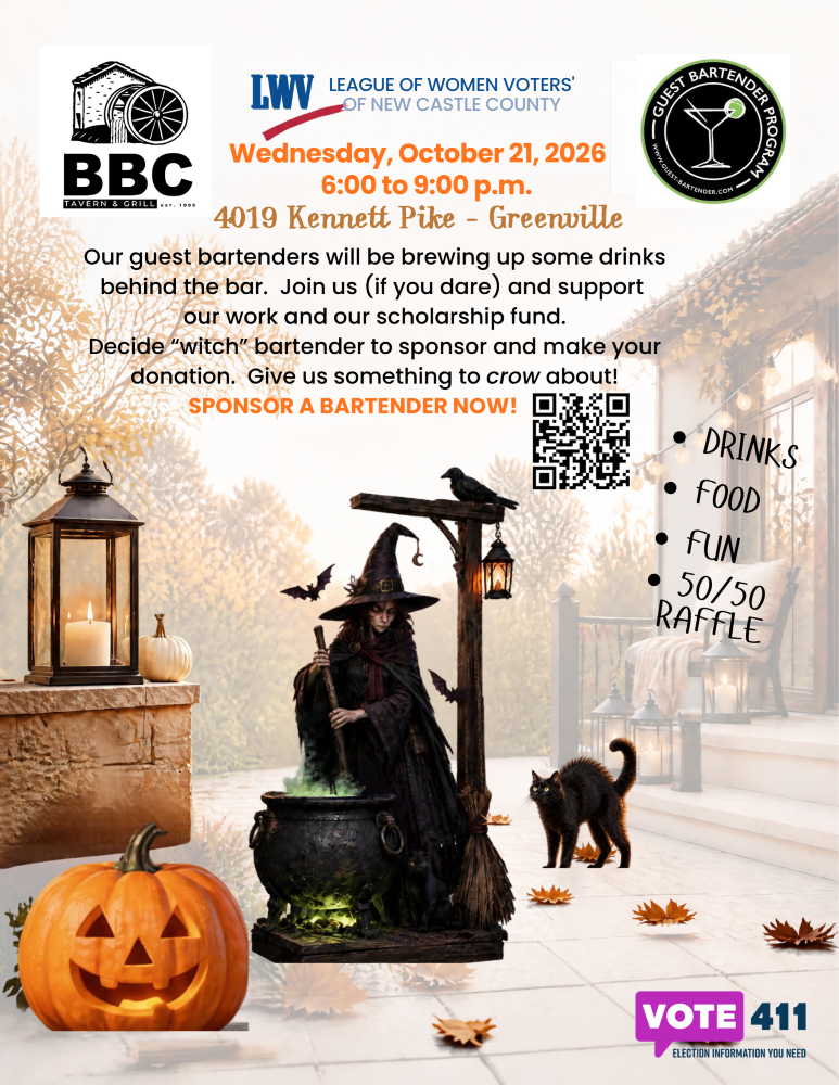 Event flier LWV of New Castle County, Wednesday October 21, 2026, 6 to 9pm, 4019 Kennett Pike - Greenville. (Halloween themed text and picture). Sponsor a bartender now! (QR code shown)