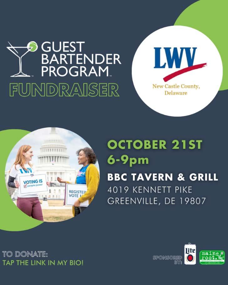 Guest Bartender Program Fundraiser - LWV New Castle County, Delaware - October 21st, 6 to 9pm, BBC Tavern and Grill