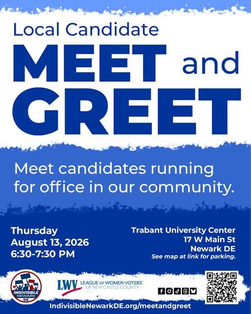 Local Candidate Meet and Greet - blue/white event graphic shown with date, address, sponsors, QR code