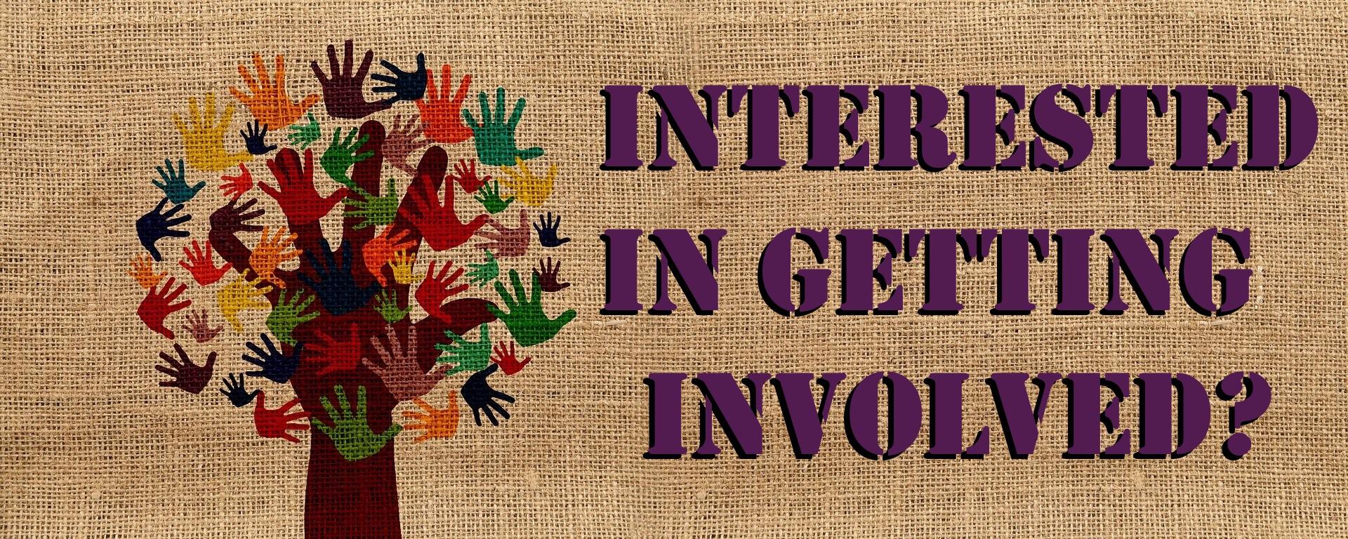 Interested in getting involved? all handprints as leaves on tree purple lettering