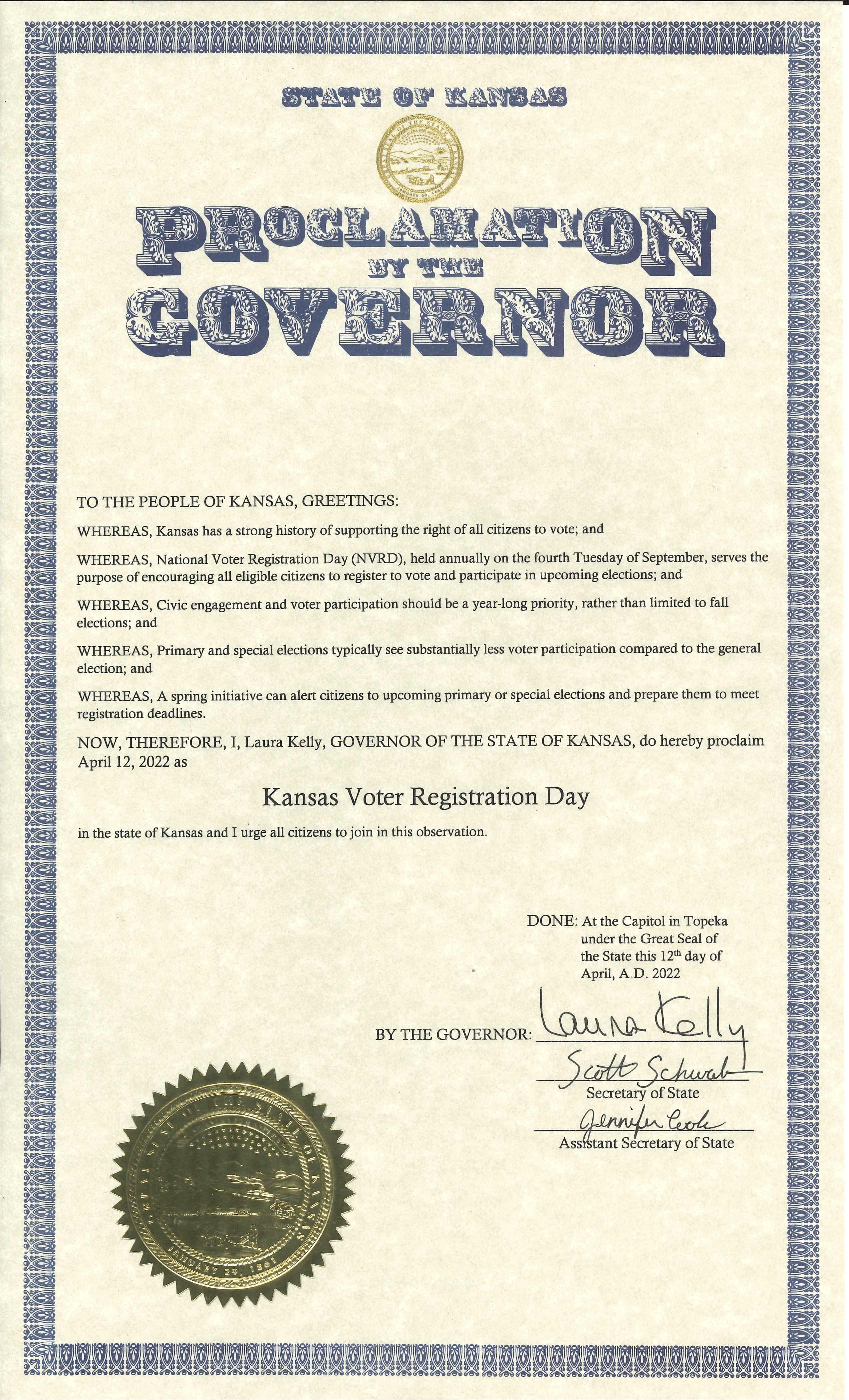 Governor proclamation Kansas Voter Registration Day
