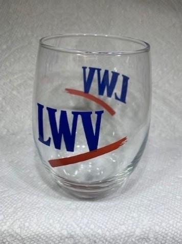 clear stemless wine glass with LWV logo on front and back