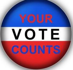 Red, white and blue button with logo of Your Voter Counts