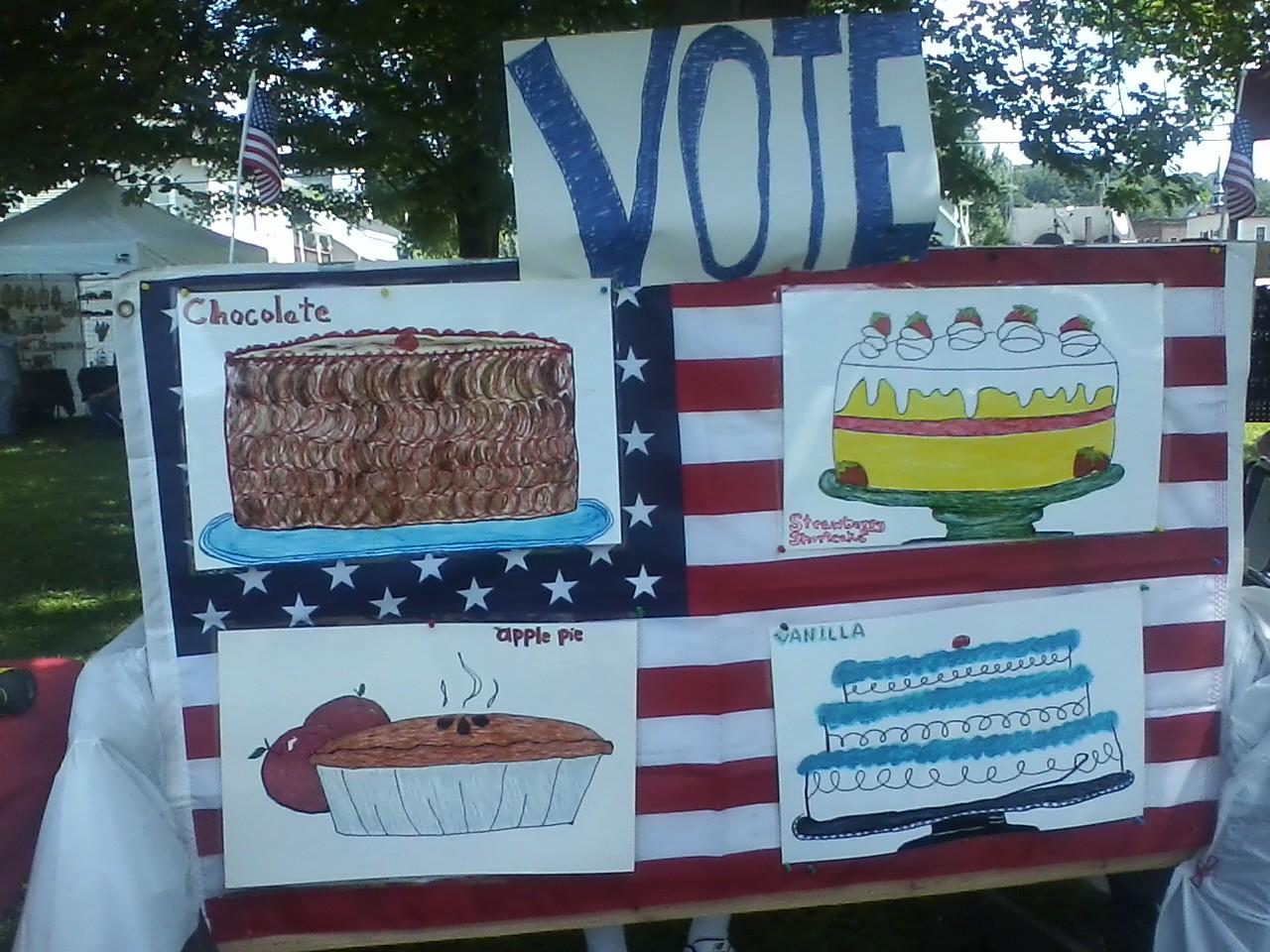 Display of Hand-drawn pictures of four desserts to vote for in mock election