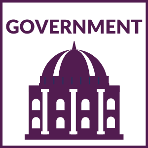 square graphic that says "GOVERNMENT" with a government building below.