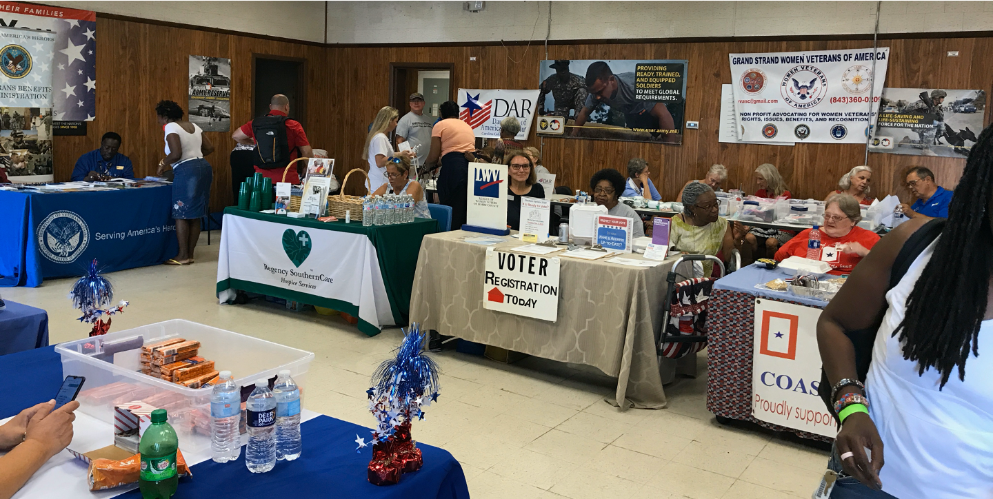 Providing voter information at Veterans Standdown, Sep 2019