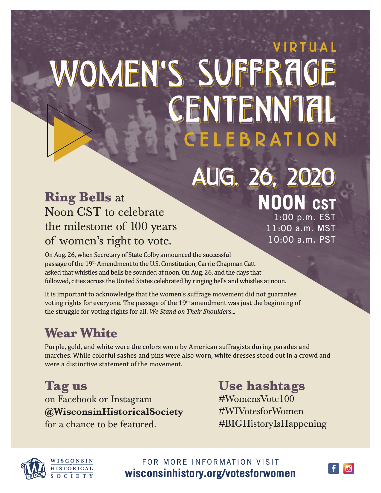 Event flyer for the Virtual Women's Suffrage Centennial Event