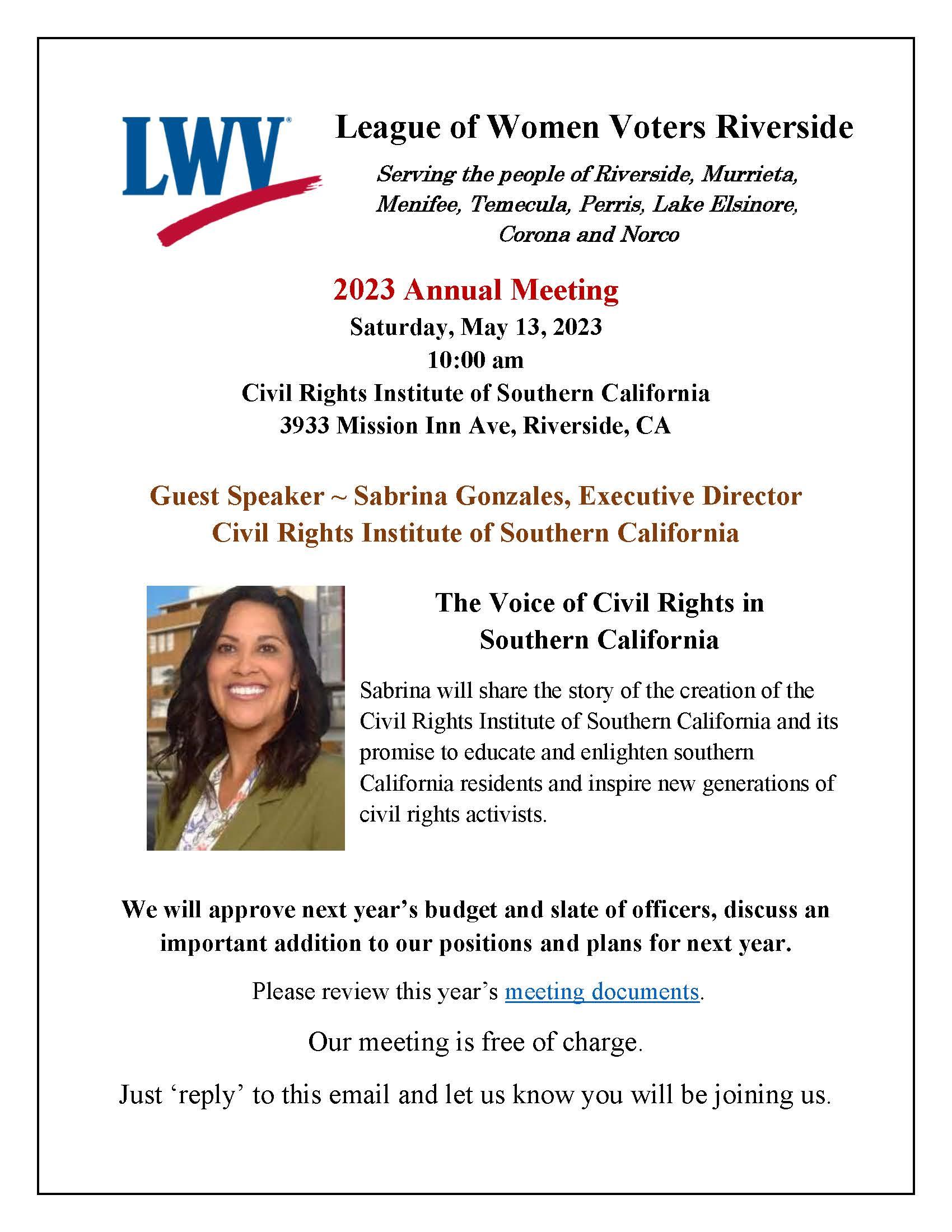 2023 LWV Riverside Annula Meeting Flyer