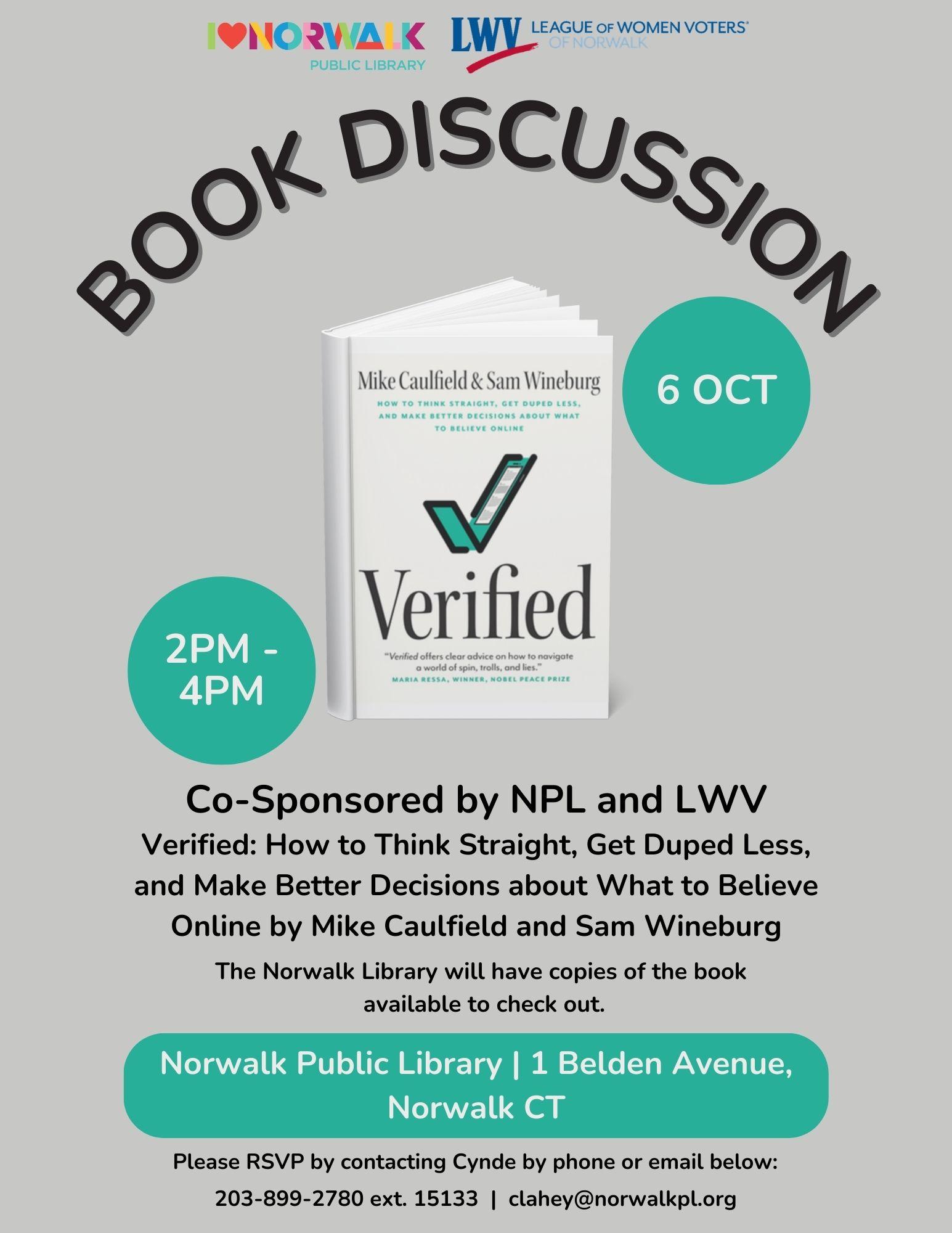 Verified Book Discussion event flyer LWV Norwalk