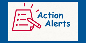 Action Alerts in blue text, red paper and pencil graphic