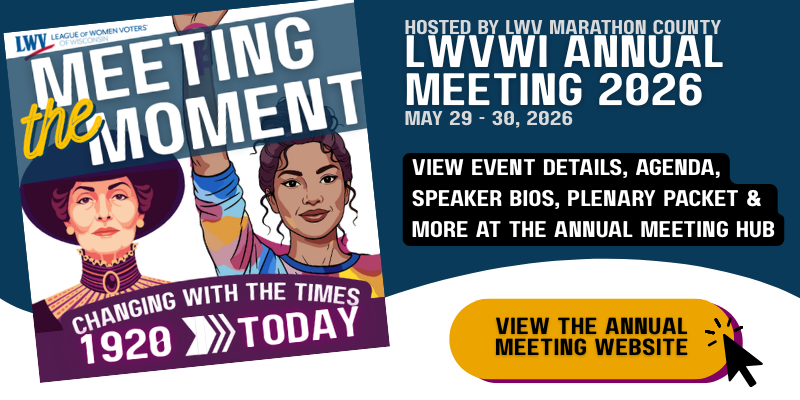 Logo featuring two women and the name of the 2026 Annual Meeting theme: Meeting the Moment 1920-Today