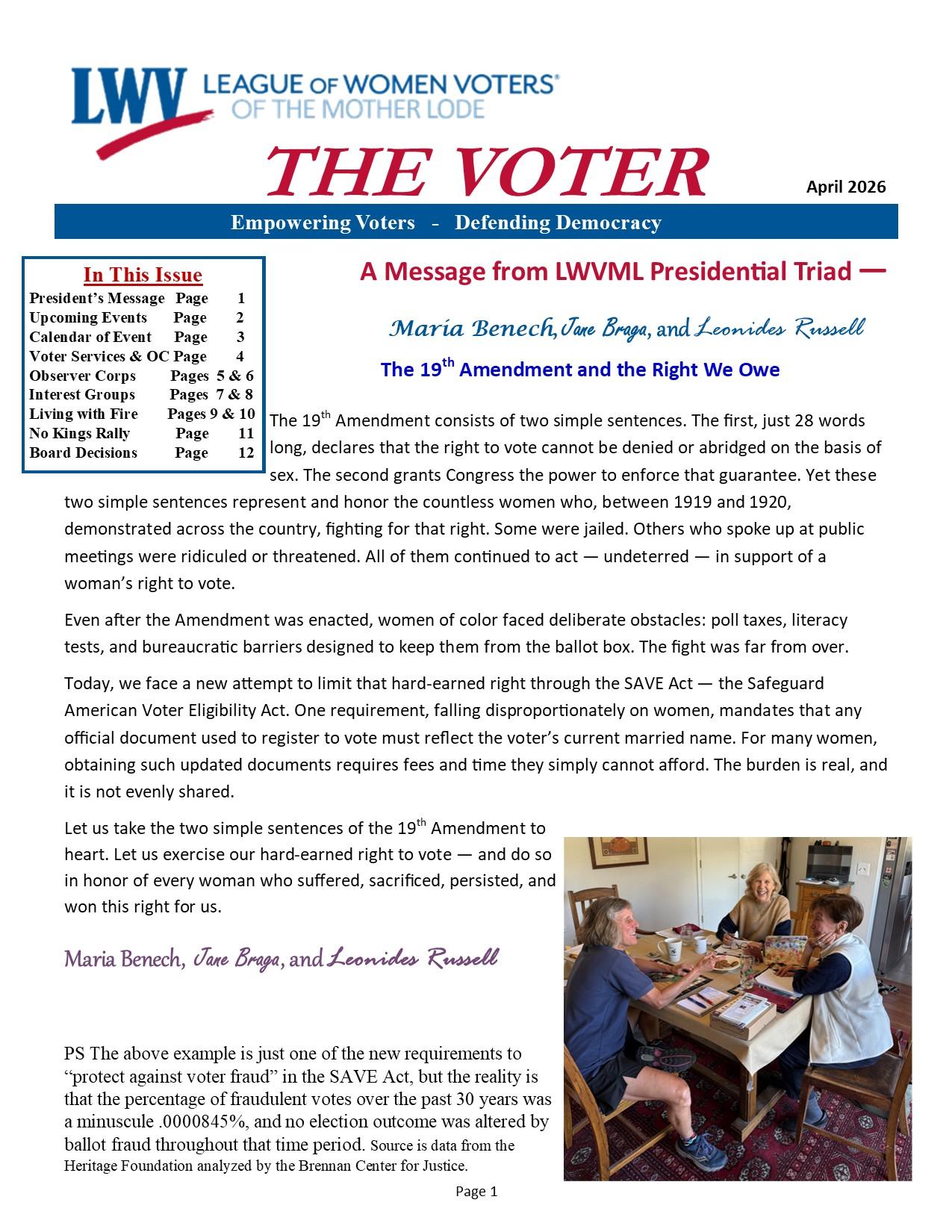 April 2026 LWVML Voter - President's Message