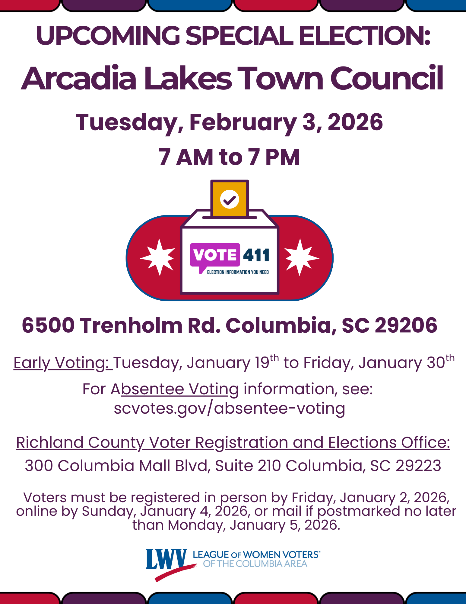 Flyer with information on Arcadia Lakes upcoming special election