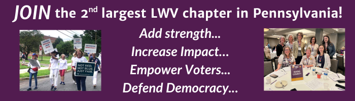 join the second largest lwv chapter in pennsylvania.  add strength.  increase impact. empower voters. defend democracy.  image of women marching in parade.  image of women seated around a conference table