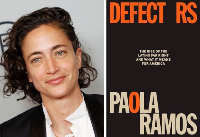 Author Paola Ramos with book cover of Defectors: The Rise of the Latino Far Right and What It Means for America 