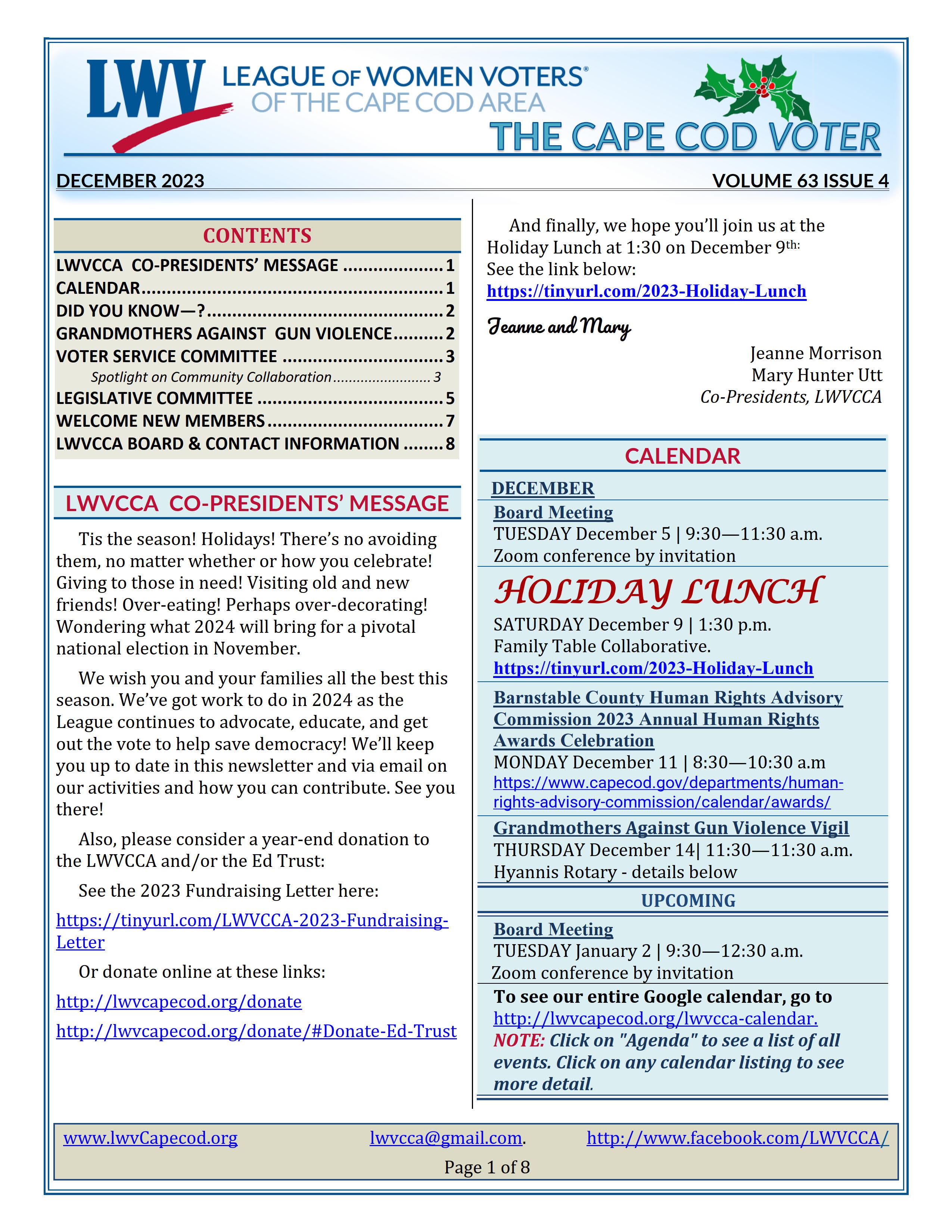 Image of first page Cape Cod VOTER Vol 63 Issue 4 December 2023