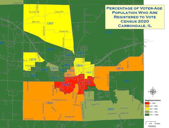 Color coded geographic map of Carbondale showing percentage of voter age population who are registered to vote