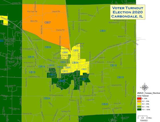 Color coded geographic map of Carbondale showing voter turnout percentages for the 2020 election