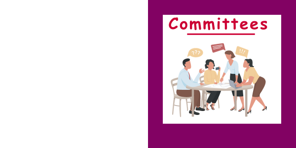 Committees in red text on white background with purple border and people meeting