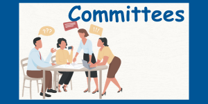 Committees in blue text, animated people gathered around a table