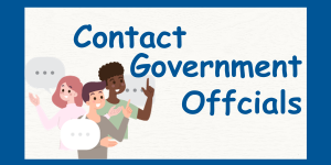 Contact Government Officials in blue text, graphic of people with speech bubbles