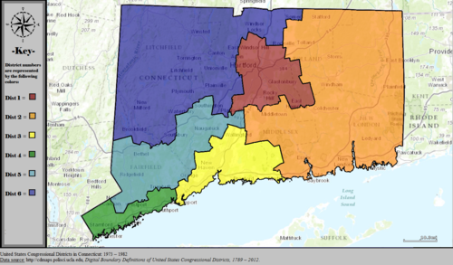 Map of Connecticut's  6 Congressional Districts