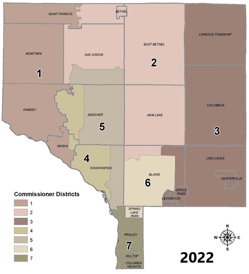 Map of Anoka County Commissioner Districts 2022