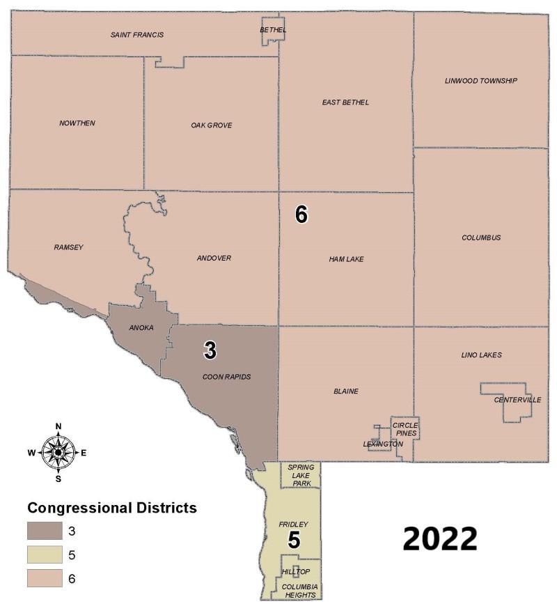 Map of  US Congressional Districts in Anoka County