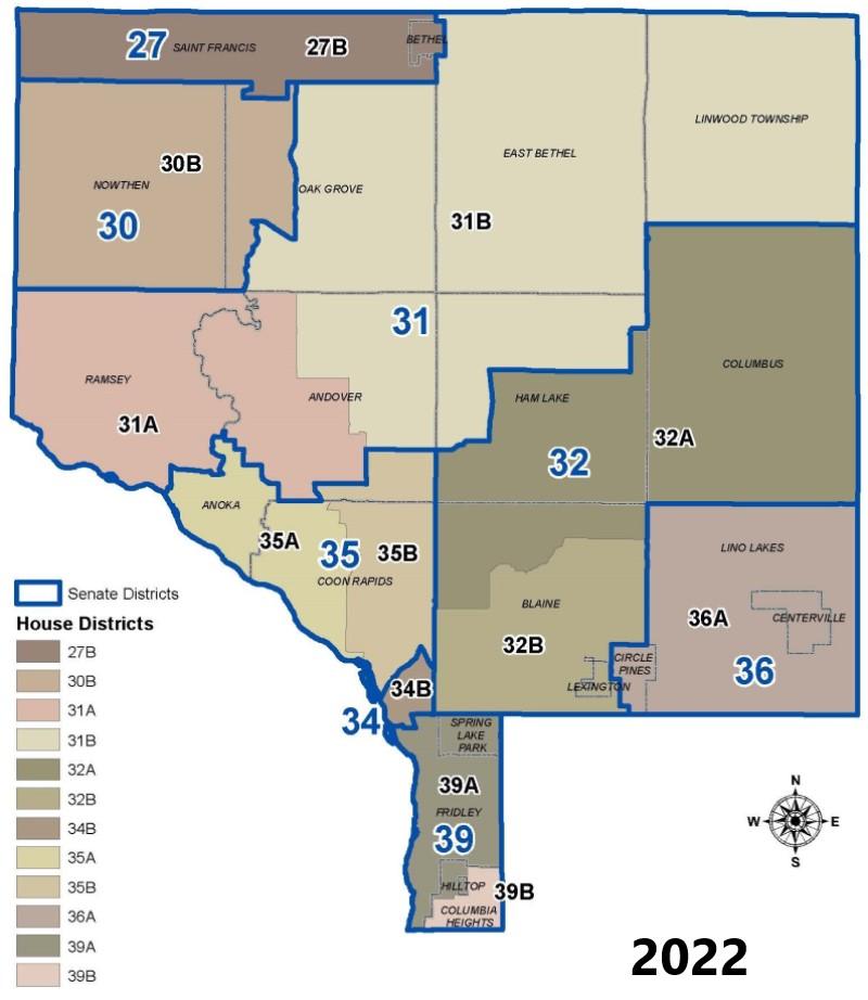Map of Anoka County Legislative Districts 2022