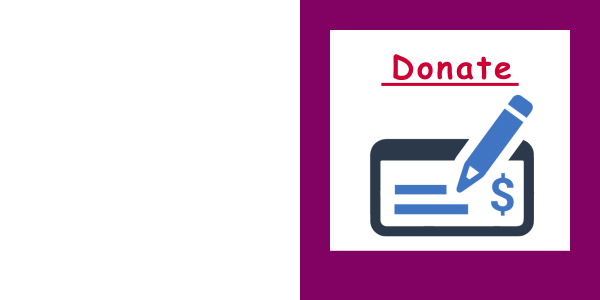 Donate in red text on white background with purple border and a pen filling out a check