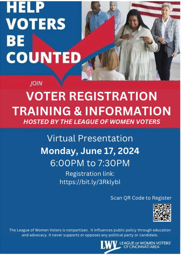 Flyer for voter registration event in blue and red, with picture of people in front of a flag approaching a table